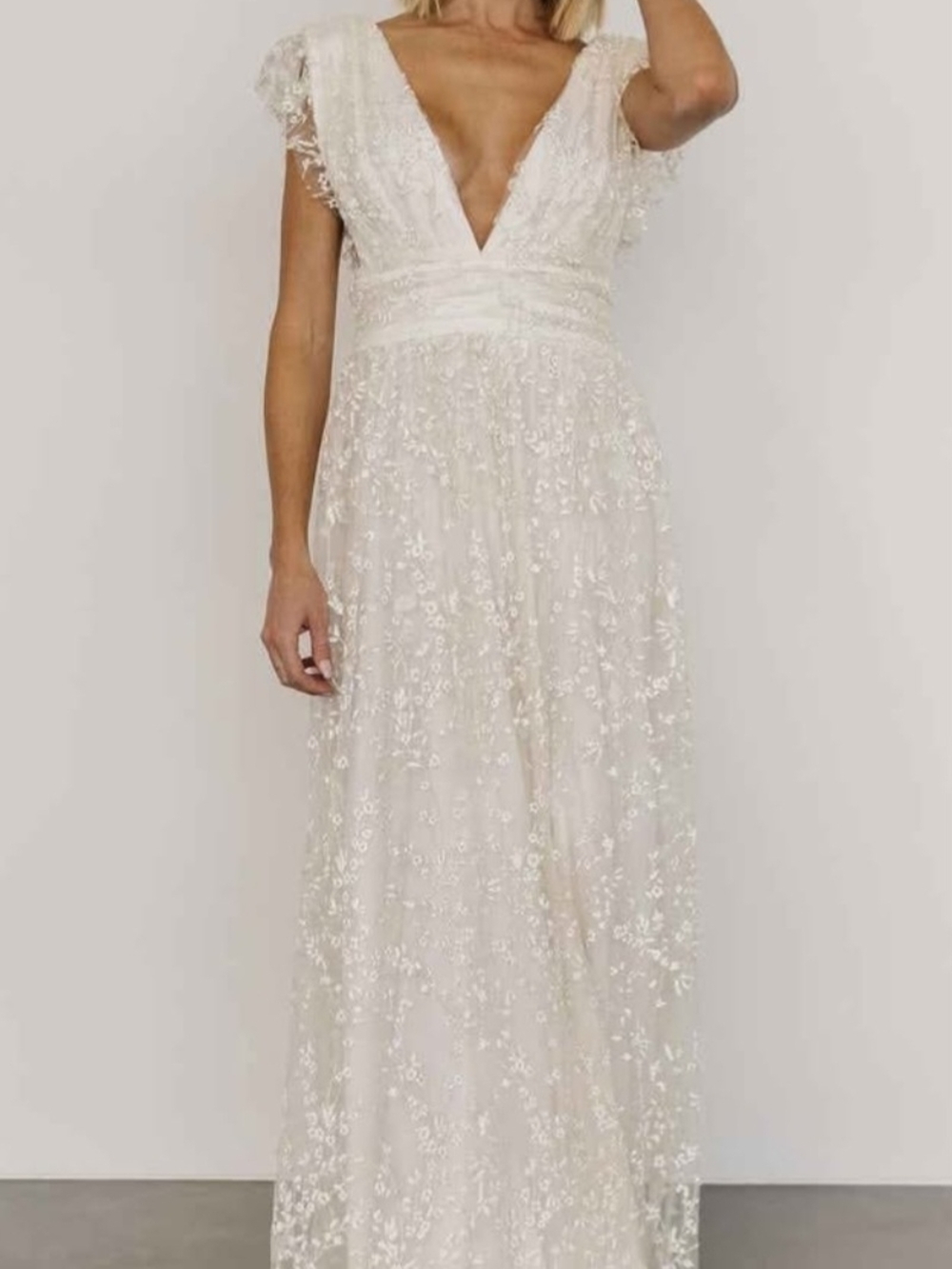 Baltic Born Ivory Embroidered V-Neck Maxi Gown
